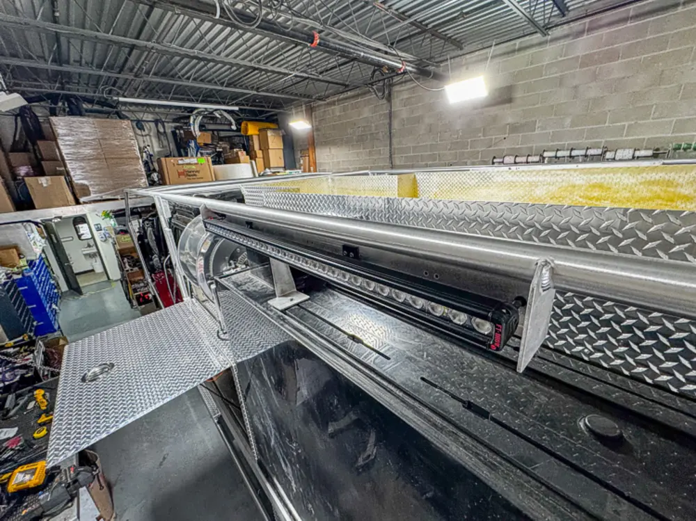 Top deck grate and rail detail in shop, photo 57 of 303.